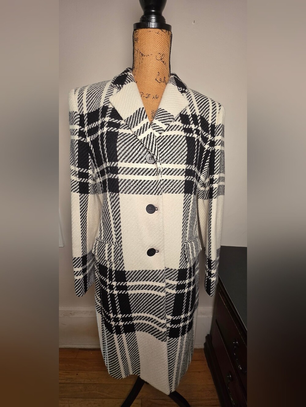 Jones New York Black and White Plaid Pea Coat